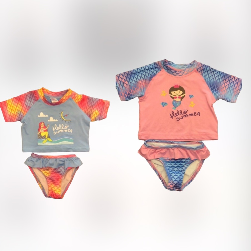 2 Sets of Swiggles HELLO SUMMER Girls 2 Piece Swimsuits Short Sleeve SZ 2T/24Mth